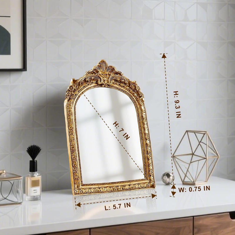 YUSONG Vintage Makeup Desk Mirror  Antique Gold Arched Tabletop Mirror with Resin Frame - Decorative Wall Art for Living Room  Bedroom Decor  Retro Table 9.3"" x 5.7"" - Image 2
